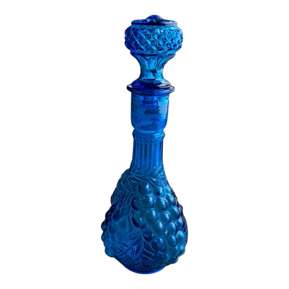 Mid Century Modern Blue Glass Grape Cluster Bottle Decanter & Diamond Stopper